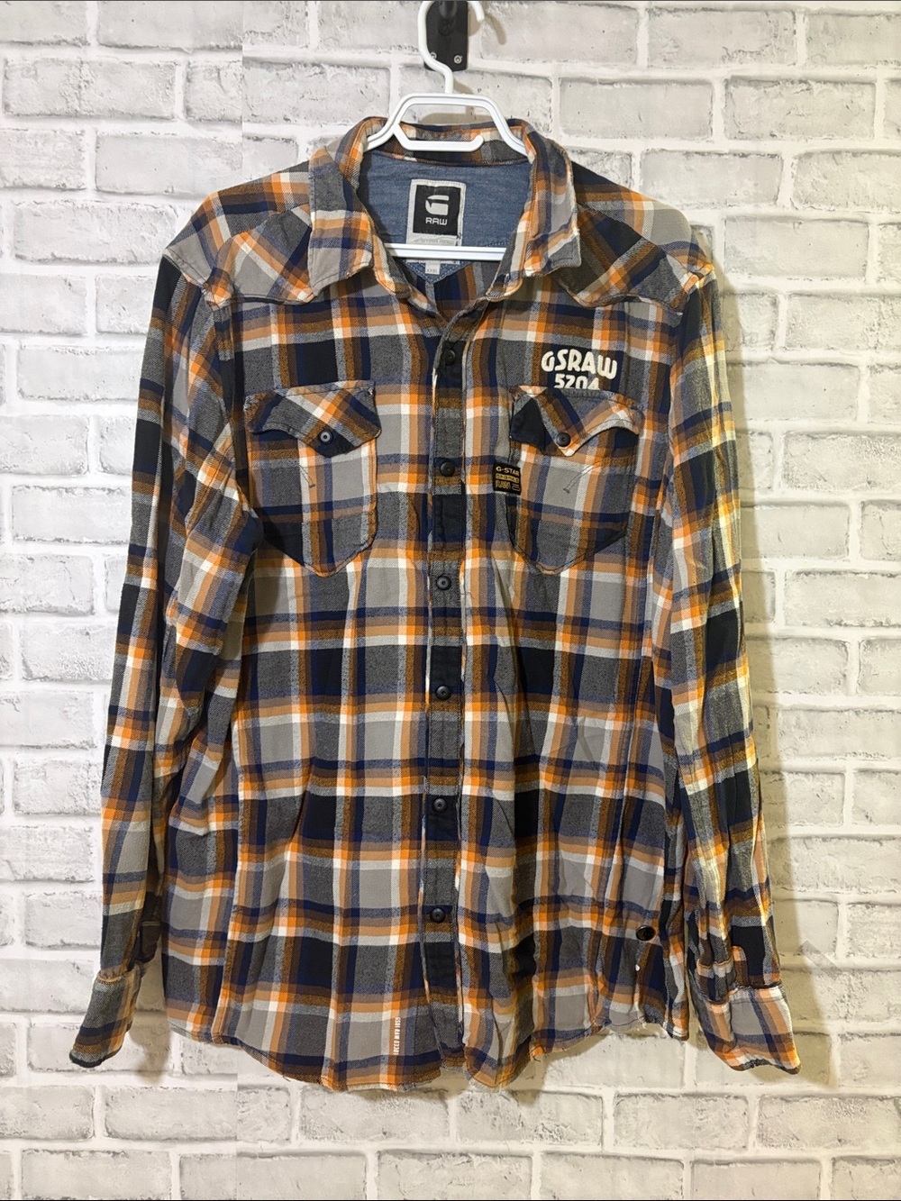 G-Star Men's Orange, Navy & Cream Plaid Button-Down Shirt, XXXL